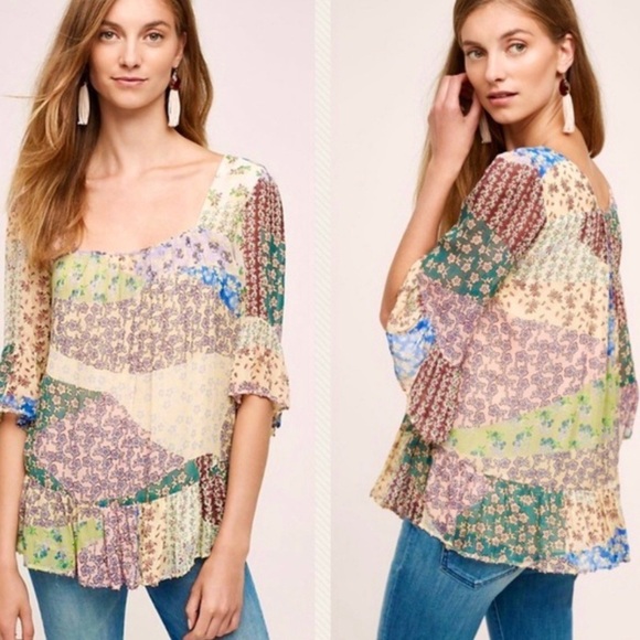 Anthropologie Tops - NWT Anthropologie FLOREAT Floral Top Patchwork Beaded Fairycore Cottagecore XS